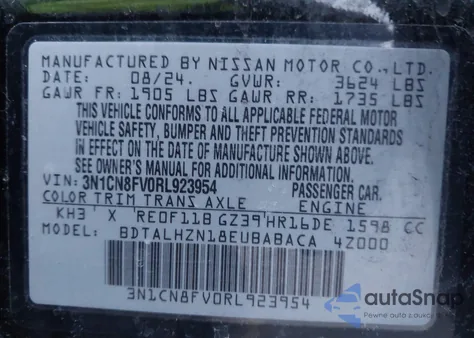 2024 Nissan Versa 1.6 Sr z USA, uszkodzony, nr VIN 3N1CN8FV0RL923954